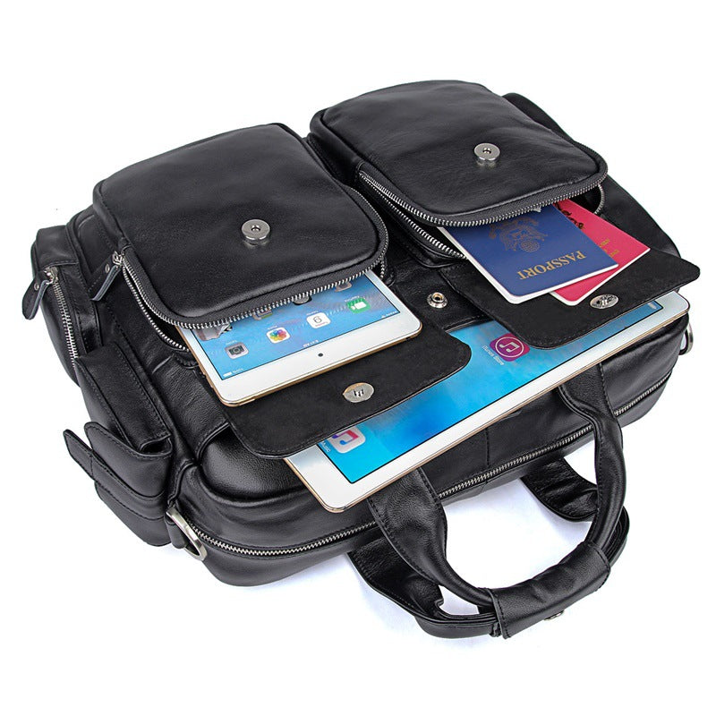 Genuine Leather Office Briefcase Laptop Bag with Trolley Sleeve for Men