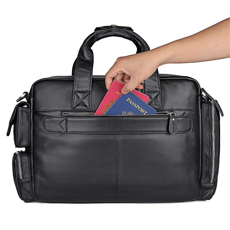 Genuine Leather Office Briefcase Laptop Bag with Trolley Sleeve for Men
