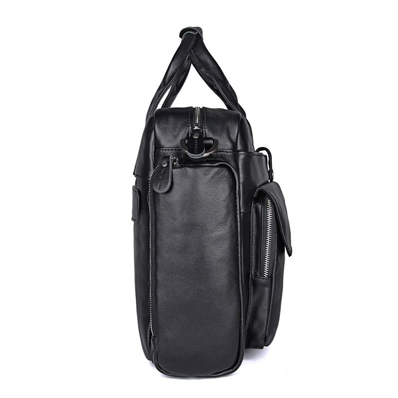 Genuine Leather Office Briefcase Laptop Bag with Trolley Sleeve for Men