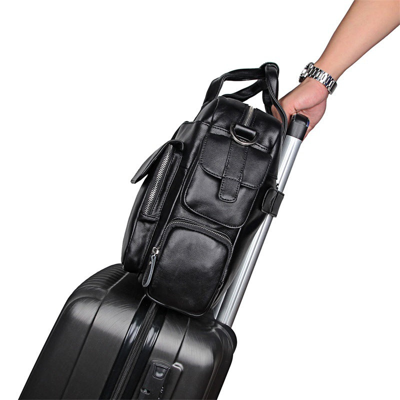 Genuine Leather Office Briefcase Laptop Bag with Trolley Sleeve for Men