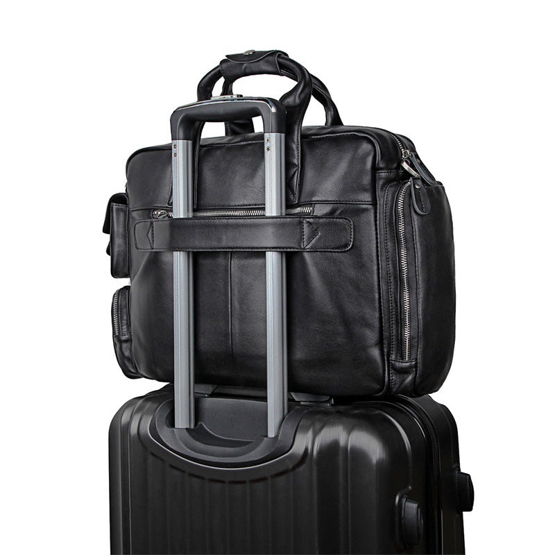 Genuine Leather Office Briefcase Laptop Bag with Trolley Sleeve for Men