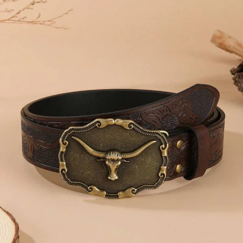 Men’s Western Longhorn Cowboy Leather Belt 15 100 cm