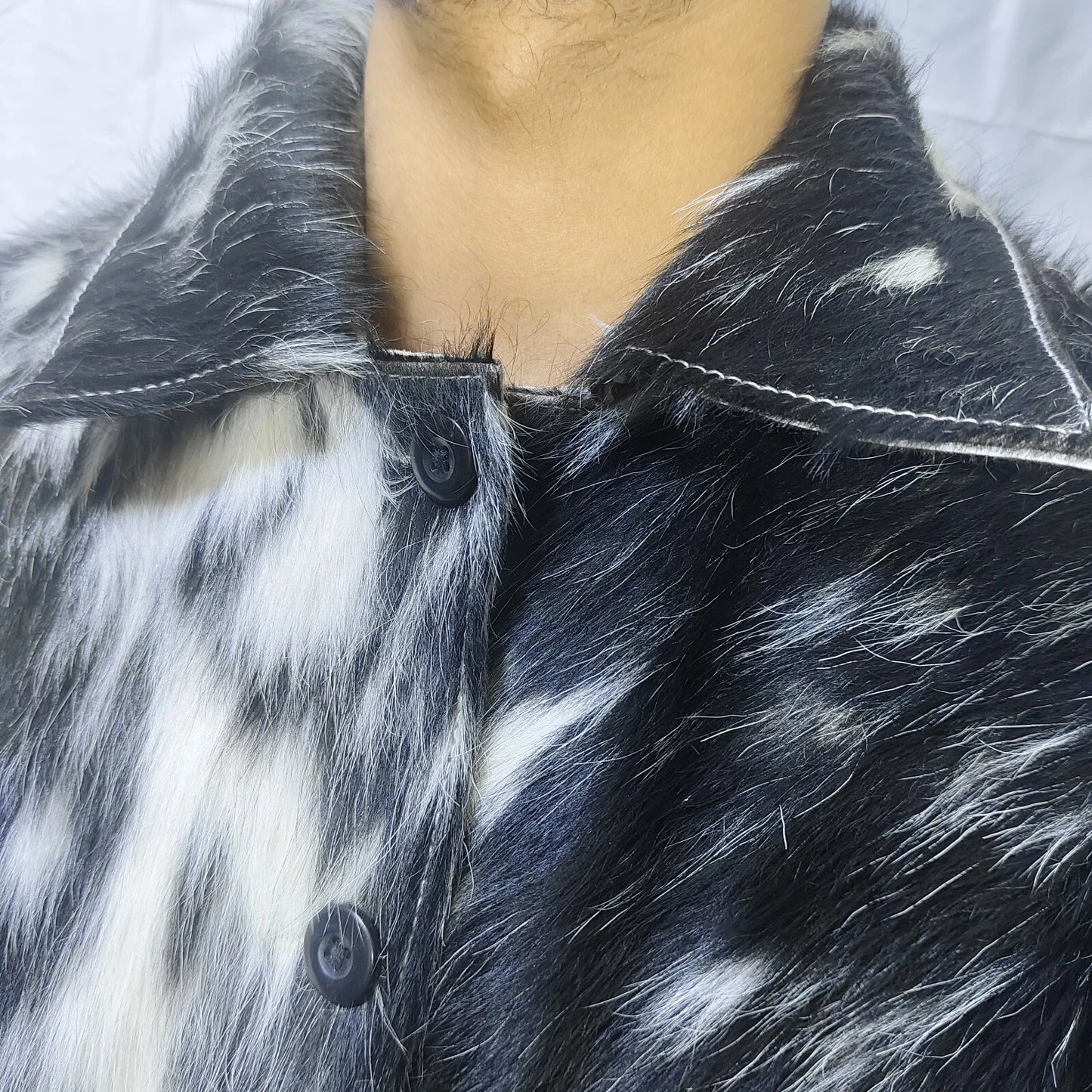 speckled black white cow fur jacket