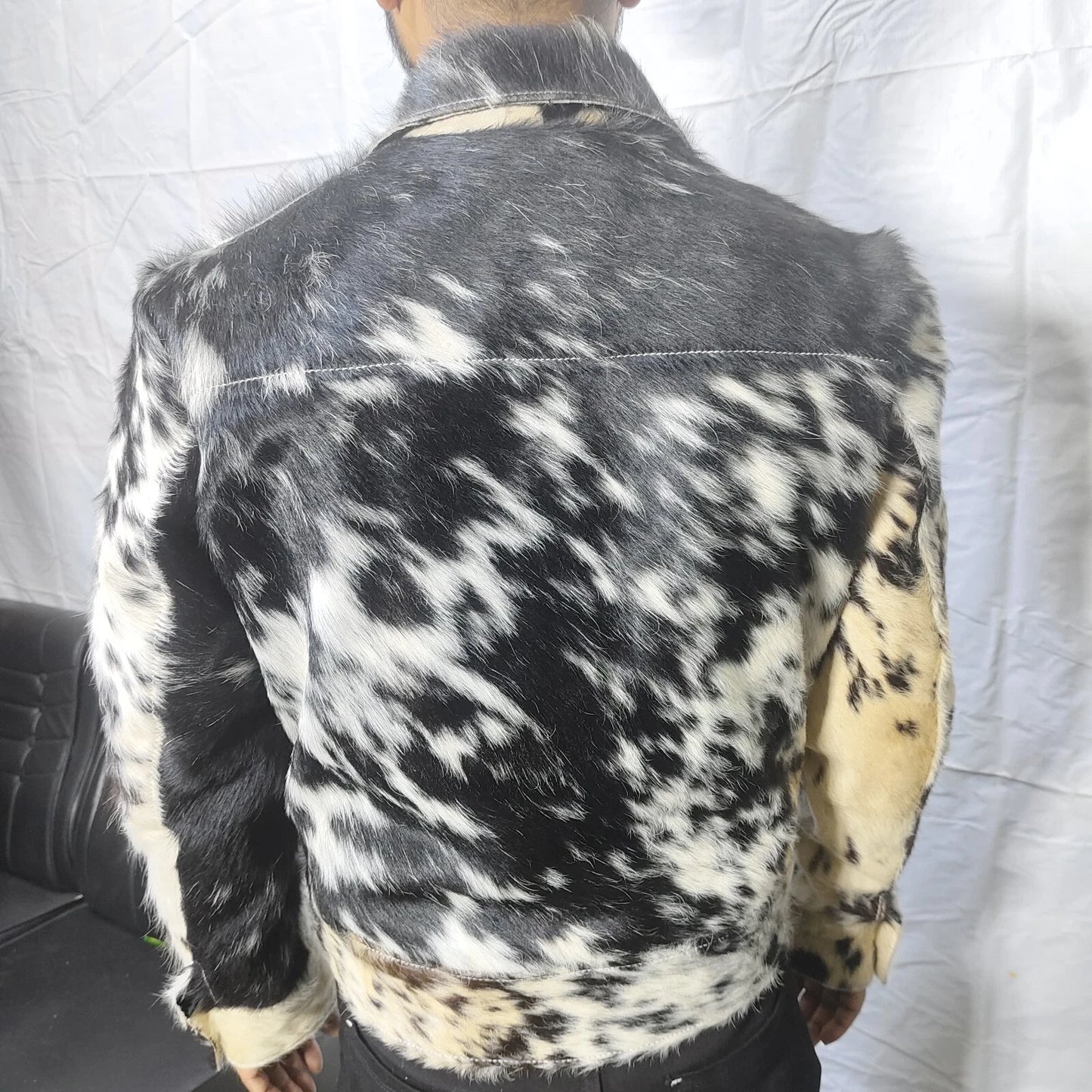 speckled black white cow fur jacket