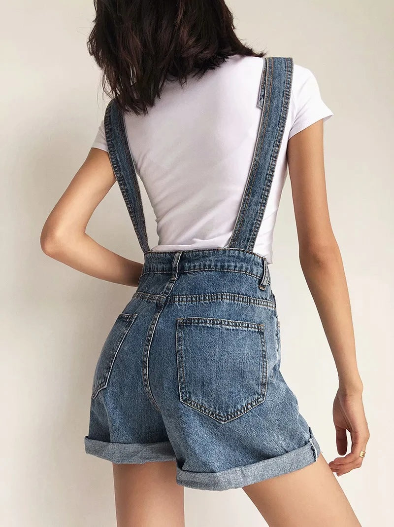 Roll Up Hem Denim Overall Romper Without Tank Top