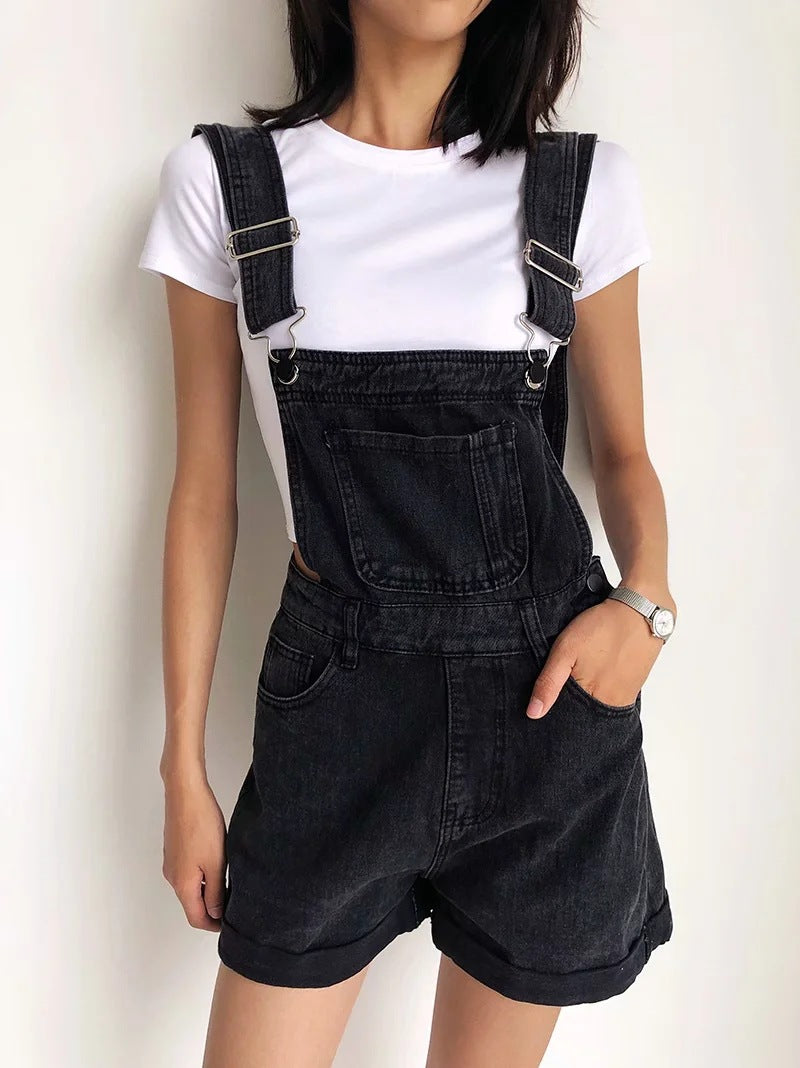 Roll Up Hem Denim Overall Romper Without Tank Top