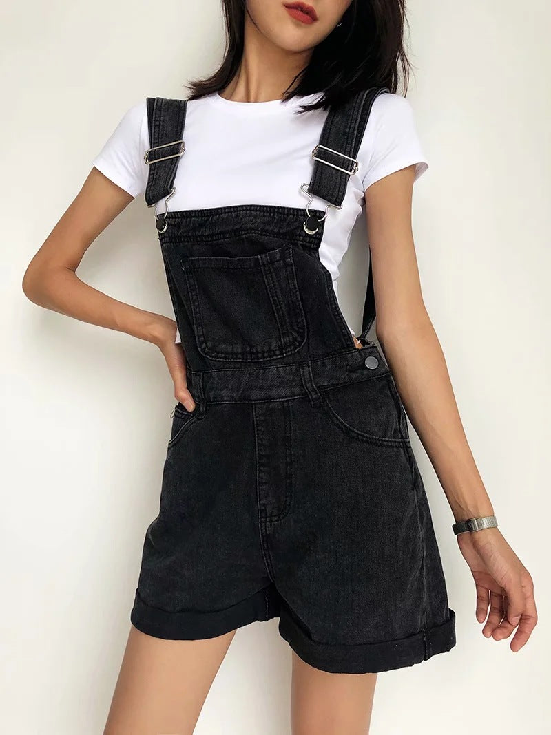 Roll Up Hem Denim Overall Romper Without Tank Top