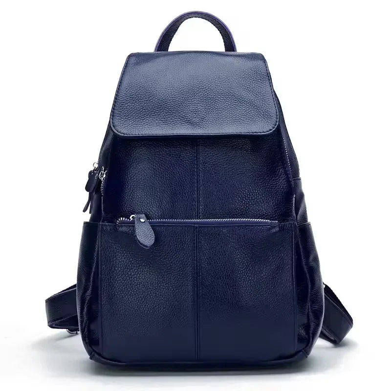 Genuine Leather Women Backpack dark blue