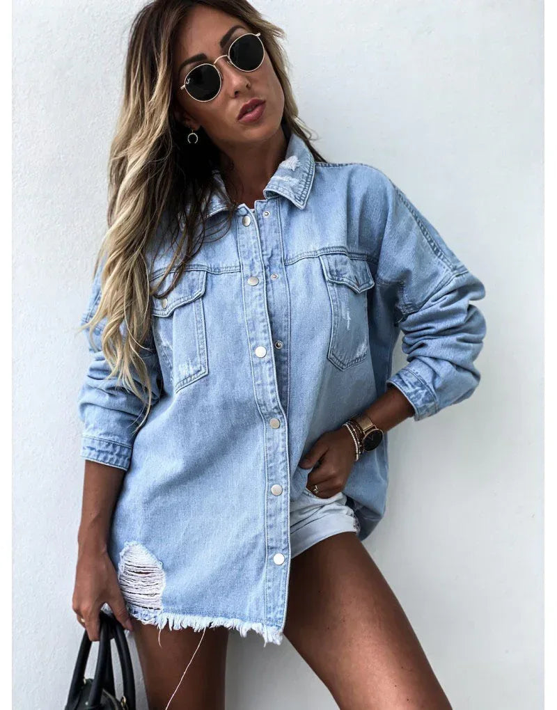 Distressed Oversized Denim Shacket Shirt Dress for Women – Boho Living Room
