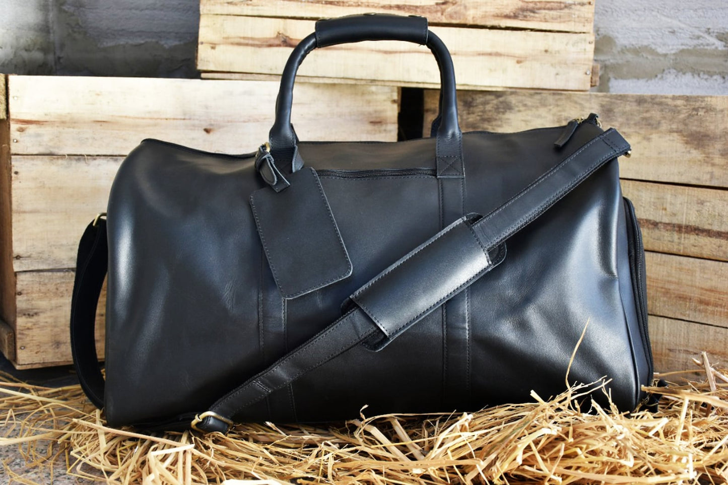 Large Leather Overnight Duffle Bag with Shoe Compartment
