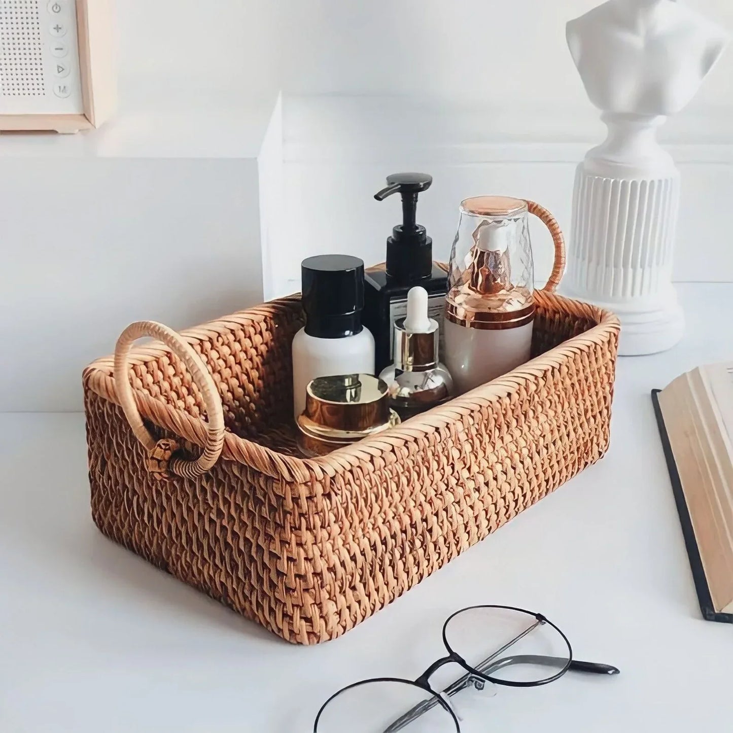 Rectangular Boho Rattan Storage Basket