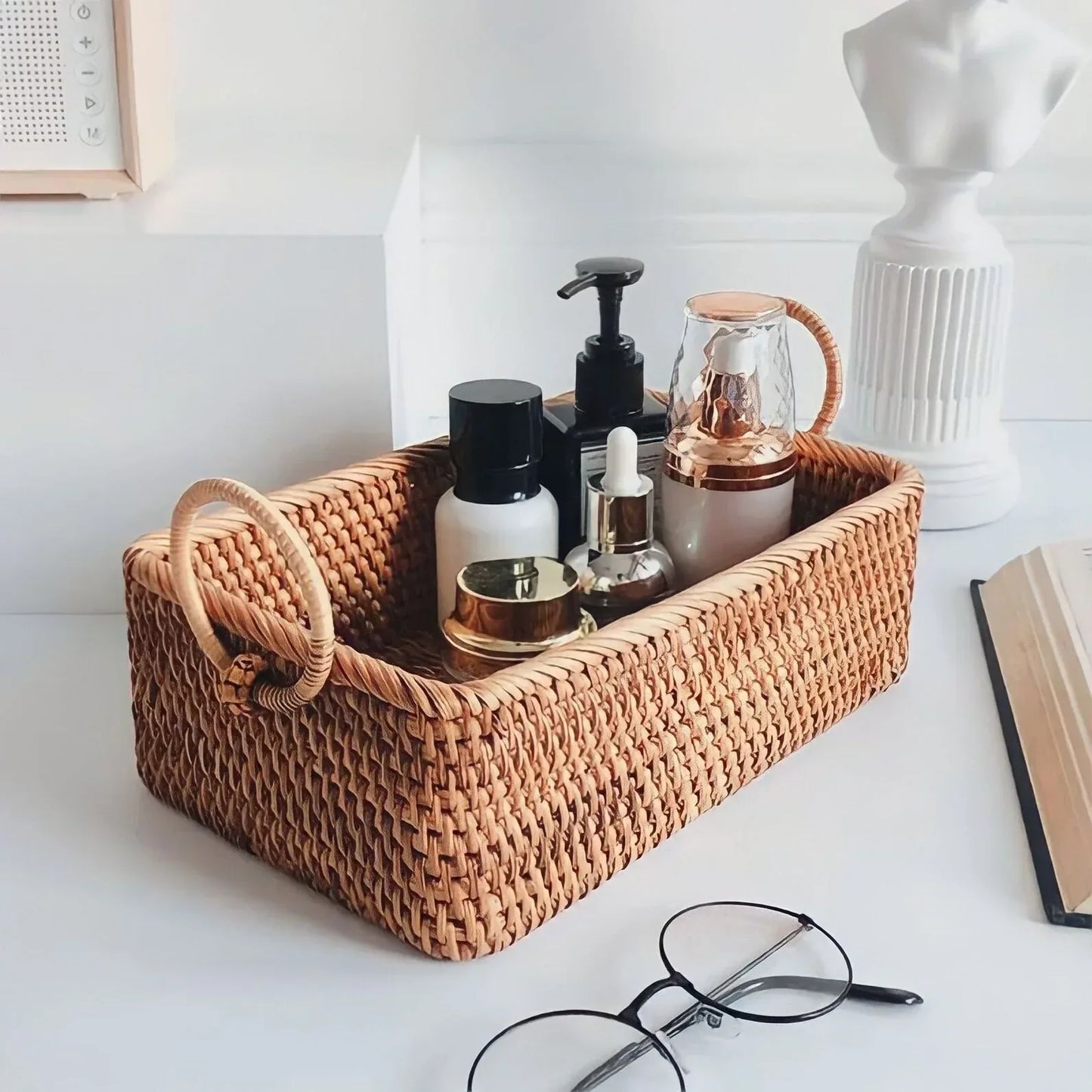 Rectangular Boho Rattan Storage Basket