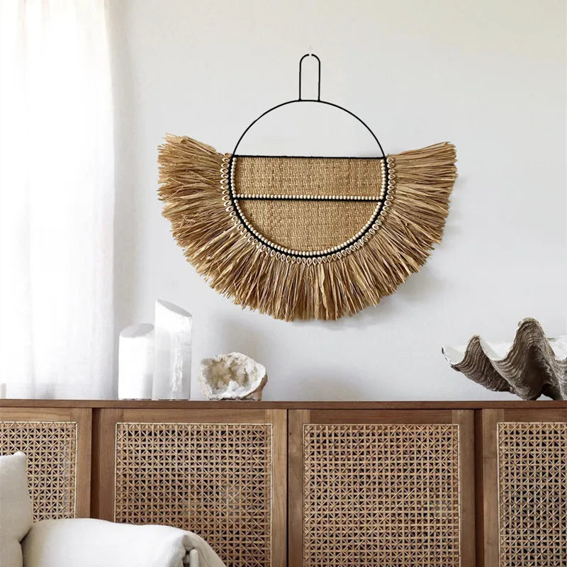 Raffia Wall Hanging Natural Grass Round Woven Tapestry
