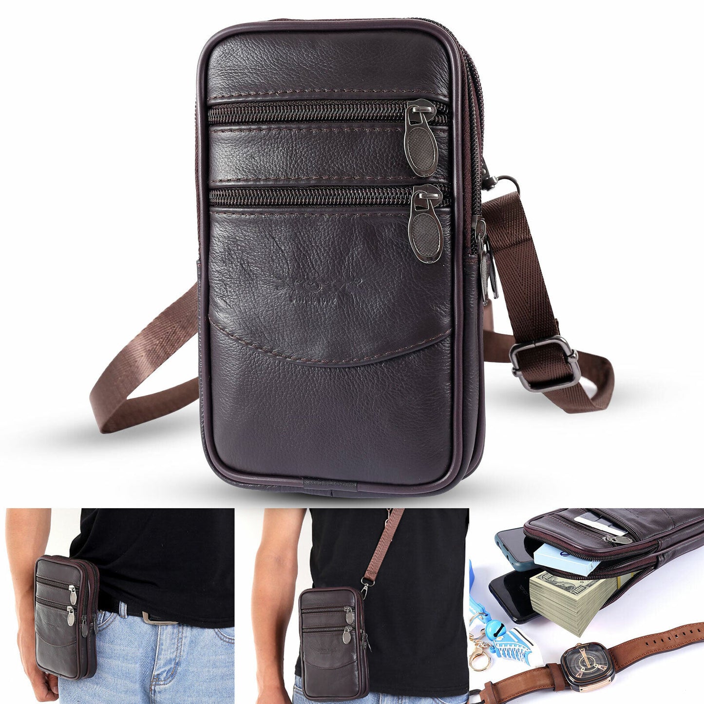Men's Leather Phone Pouch with Belt Loop and Shoulder Strap