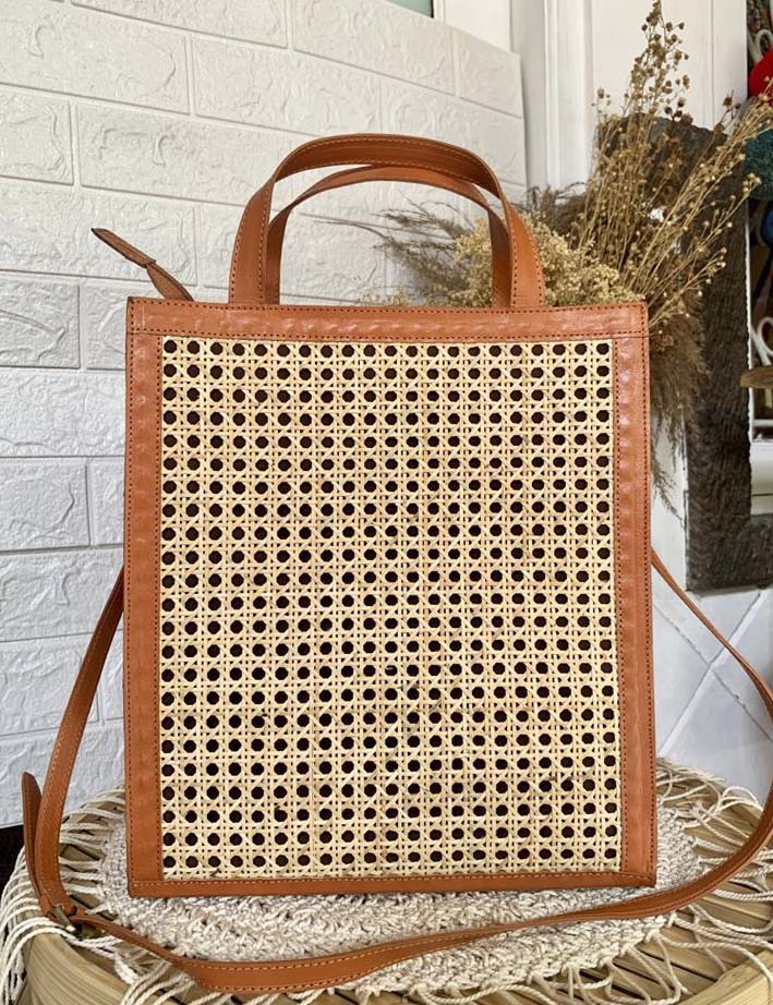 Handmade Leather Rattan Shoulder Bag
