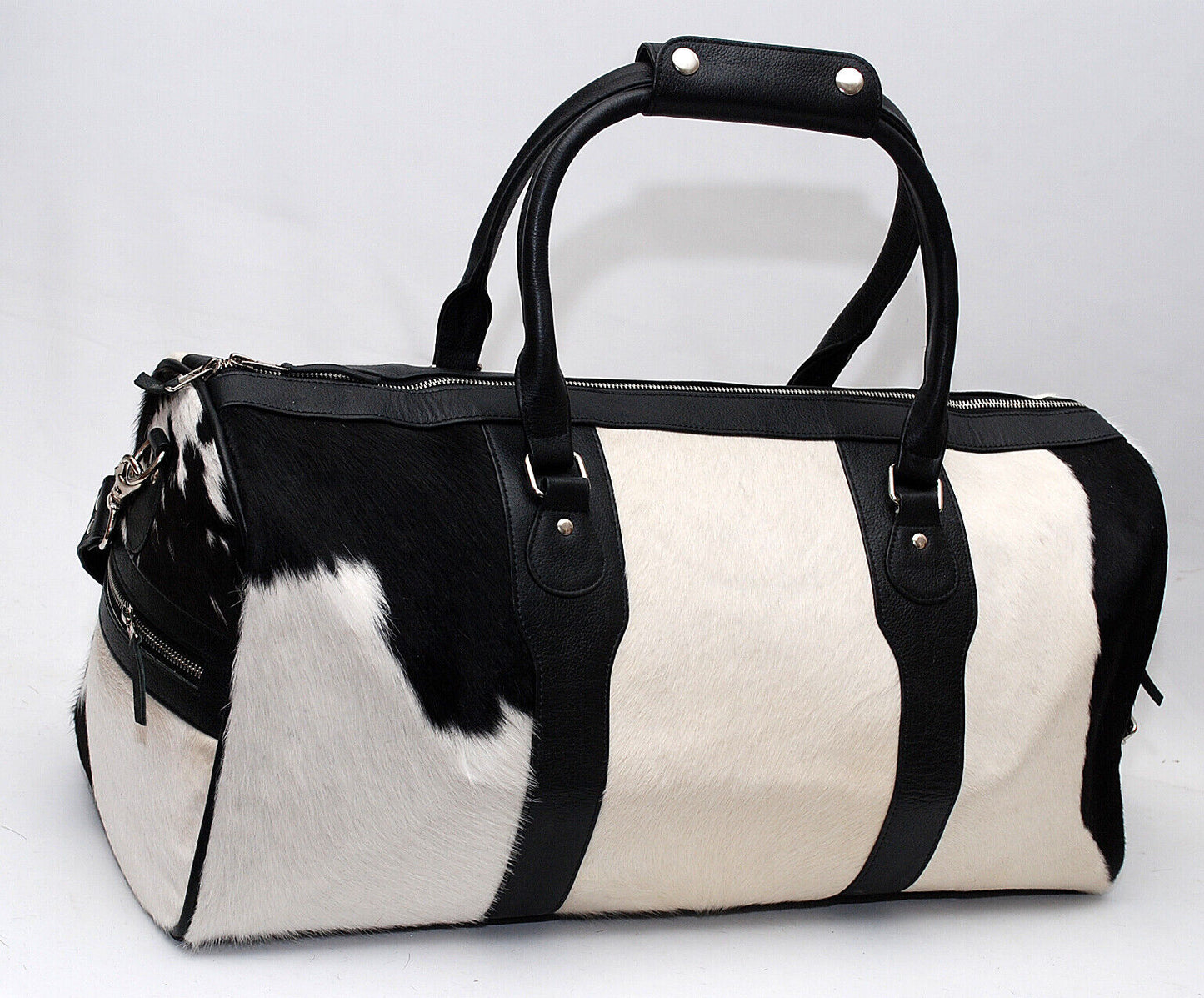 Natural Black White Cow Fur Duffle Weekender Bag