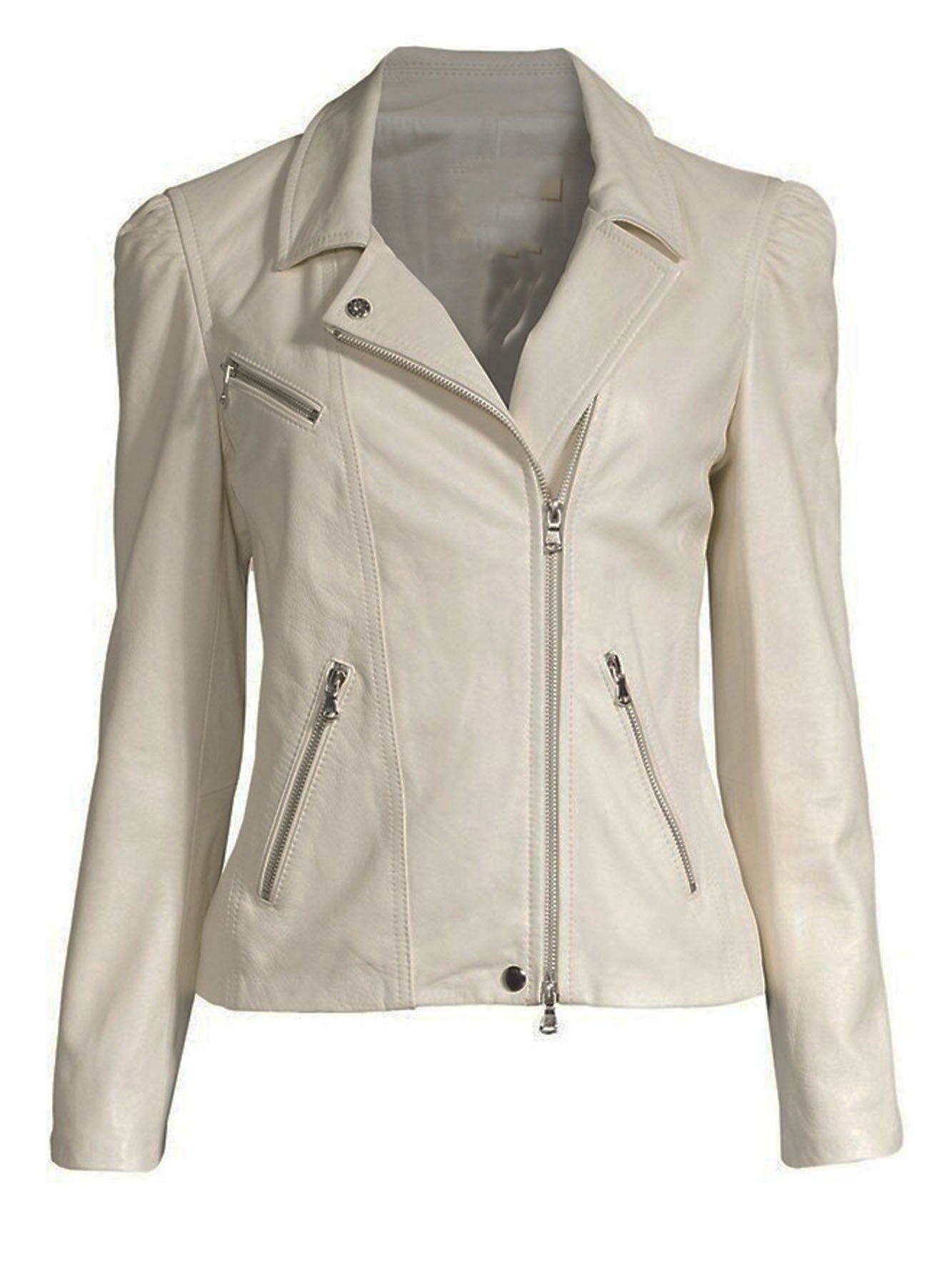 Women White Leather Biker Jacket Fitted Moto Style