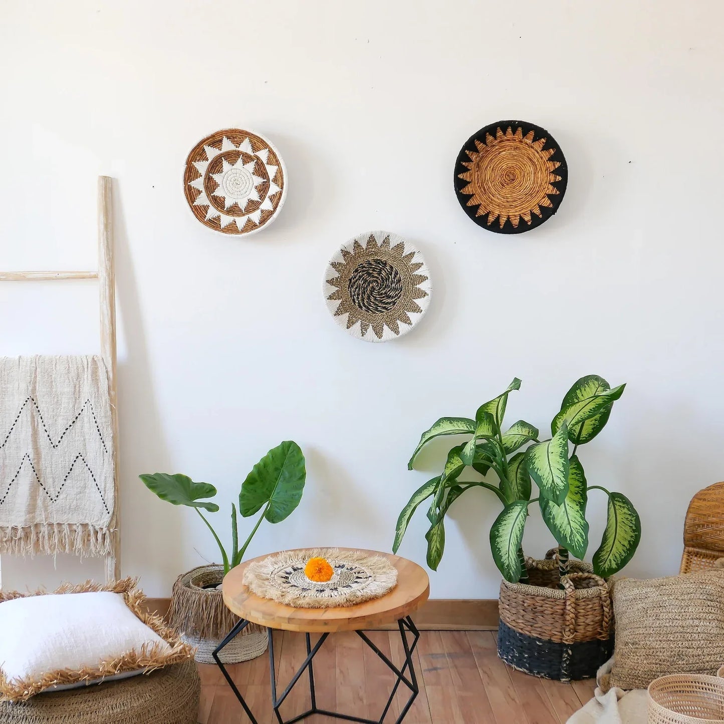banana bark and macrame wall decor plates