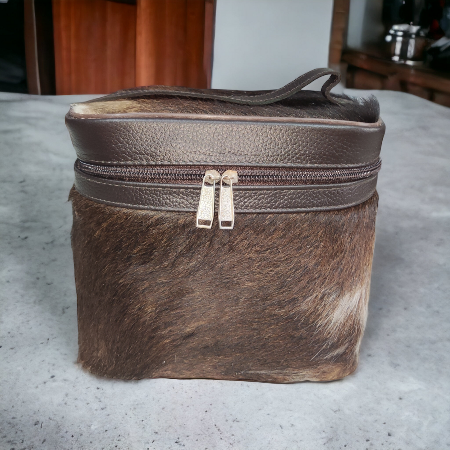 Cowhide Makeup Bag Dark Brown Black