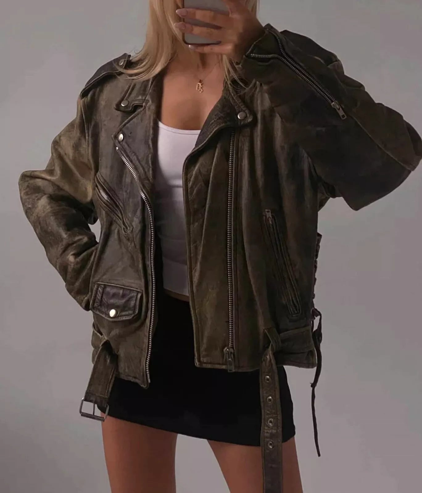 Oversized Women Leather Jacket Distressed