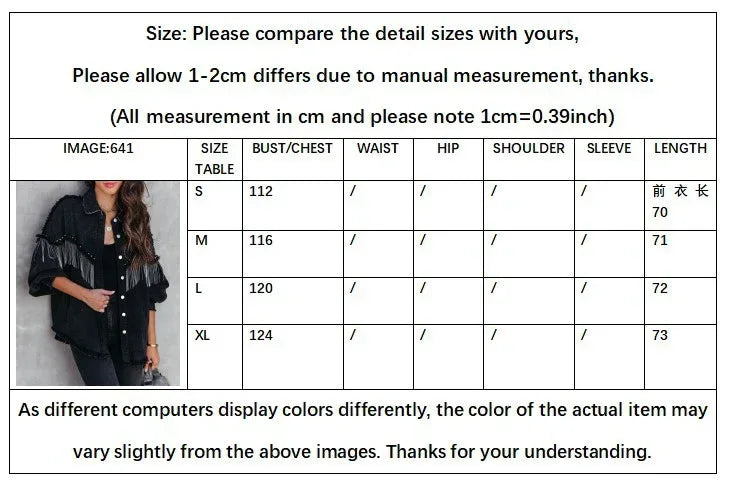 Women Denim Jacket with Chain Rivet Fringe
