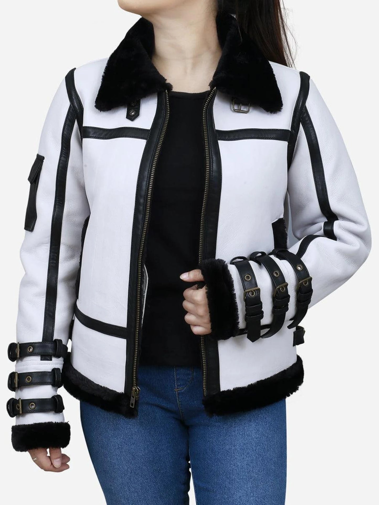 Women Aviator Shearling Leather Jacket Black White