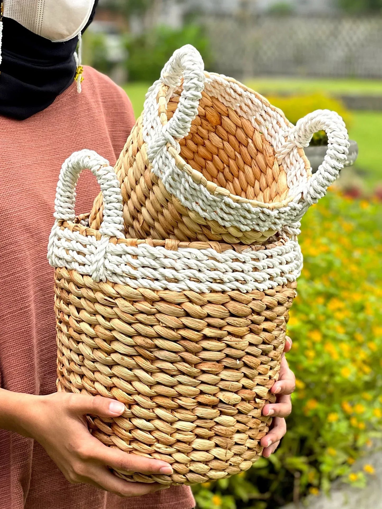 Water hyacinth flower cover pot with white handles