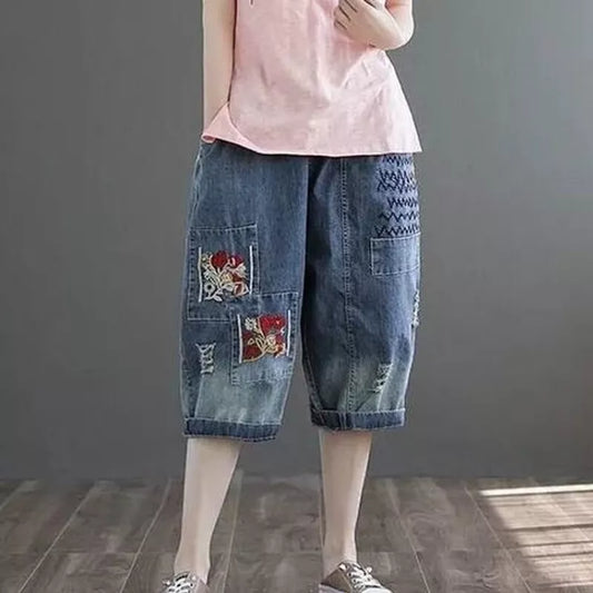 Ethnic Embroidered Denim Harem Pants for Ladies