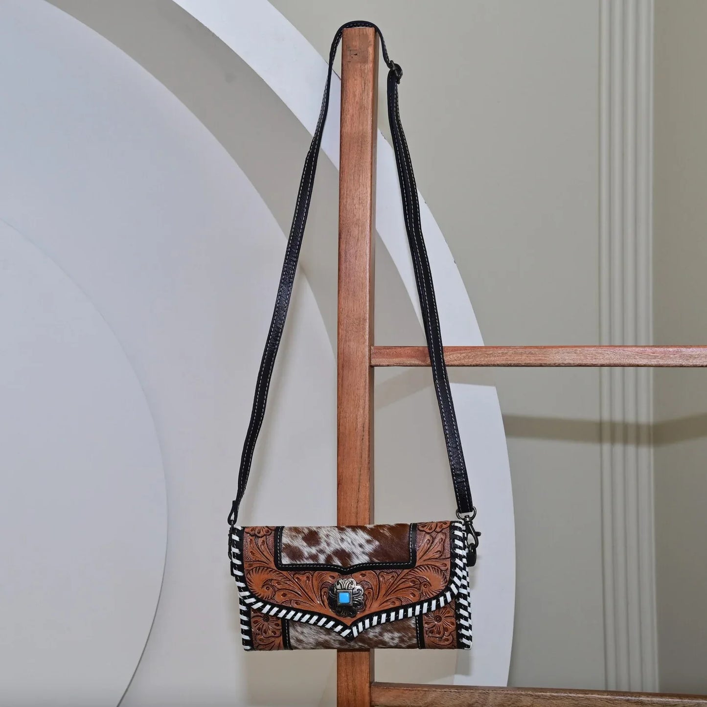 Cowhide Clutch Crossbody Bag With Tooled Leather