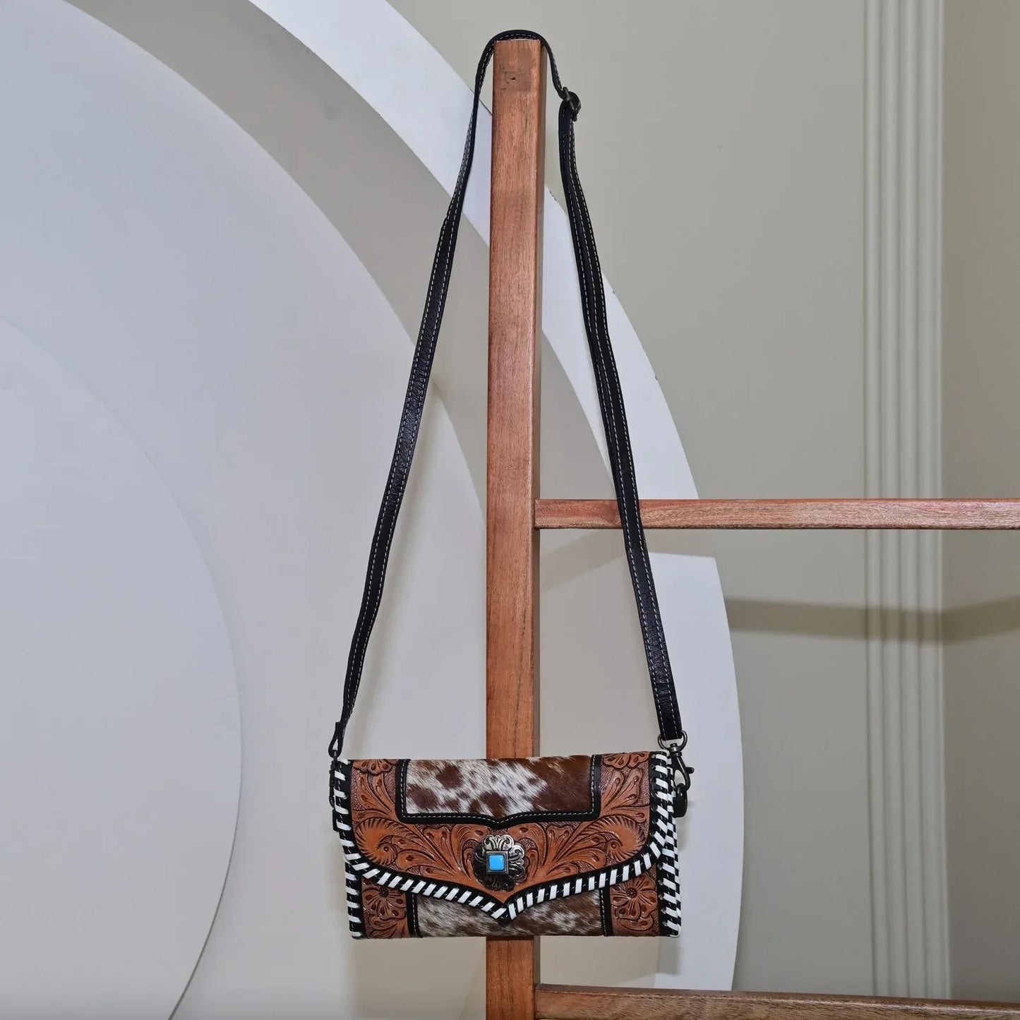 Cowhide Clutch Crossbody Bag With Tooled Leather