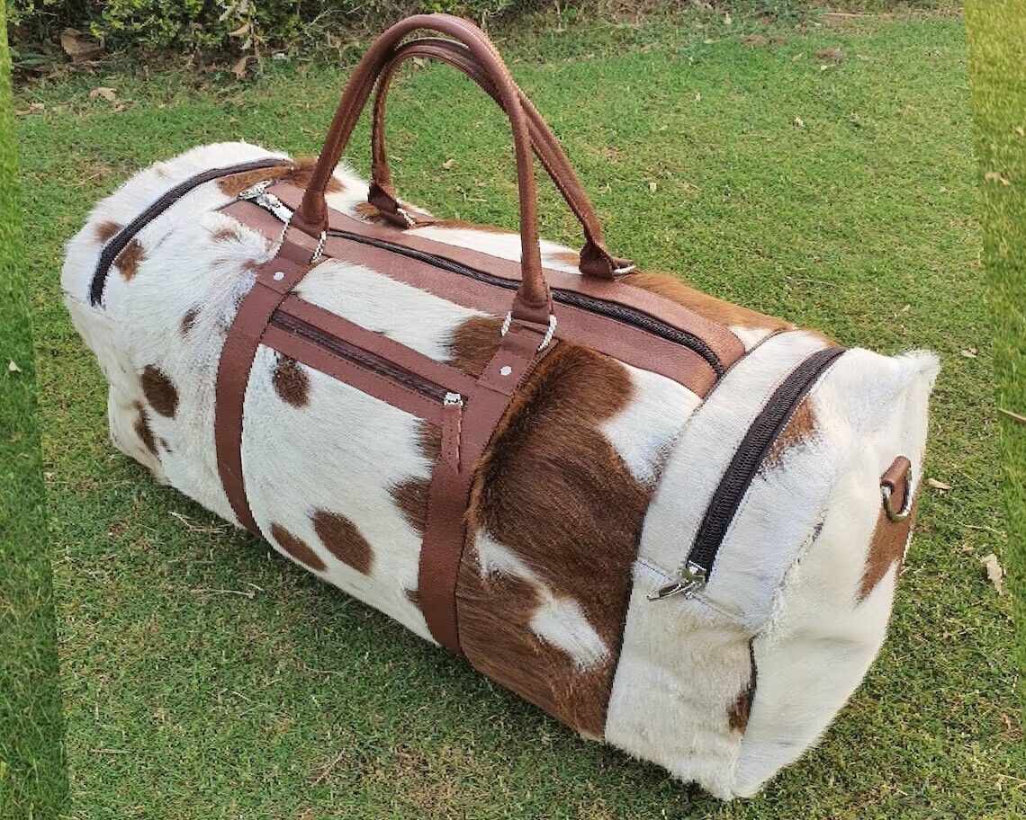 Cowhide Duffel Travel Bag Brown White