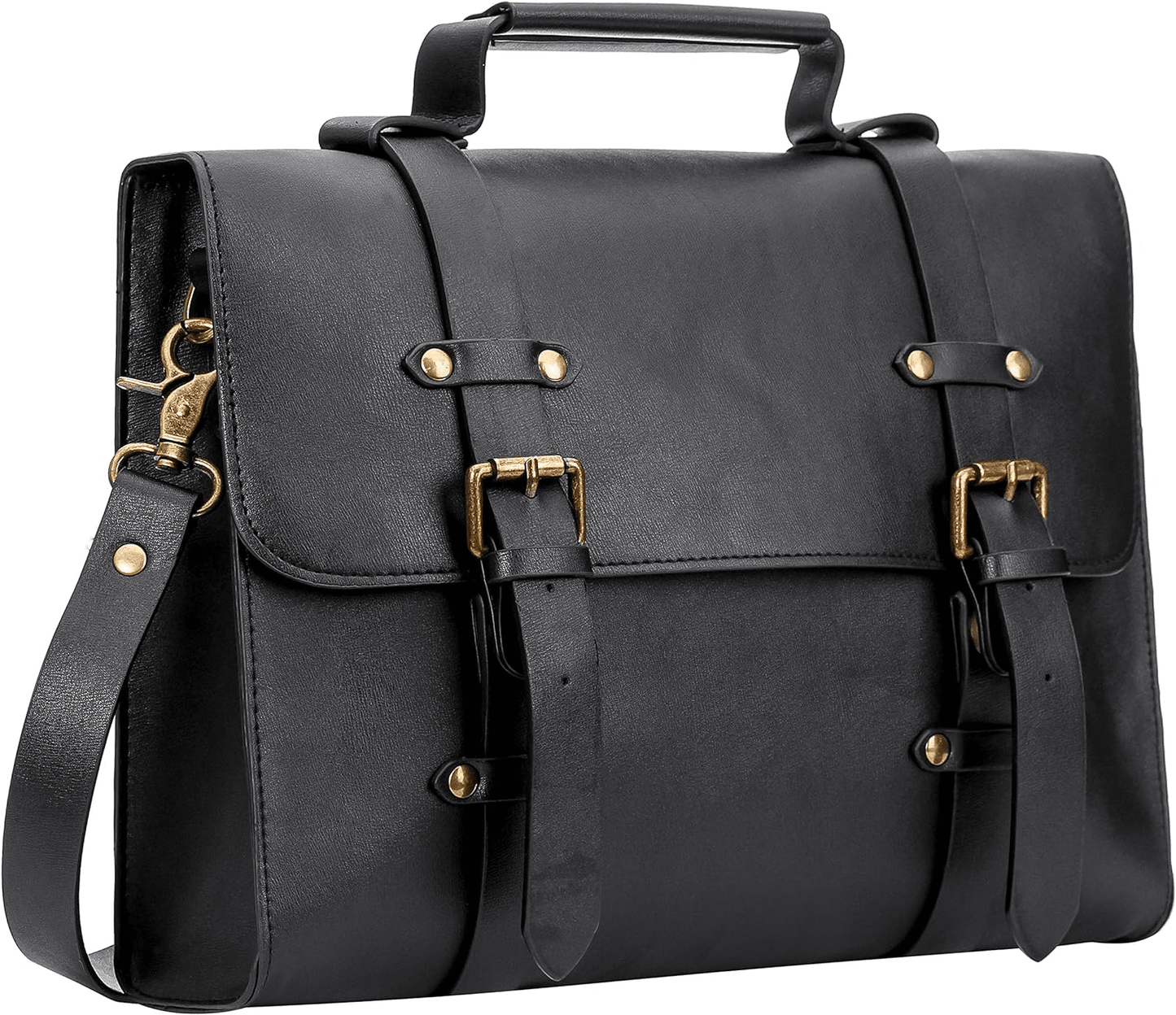 Black Leather Laptop Briefcase with Buckle Straps and Shoulder Handle