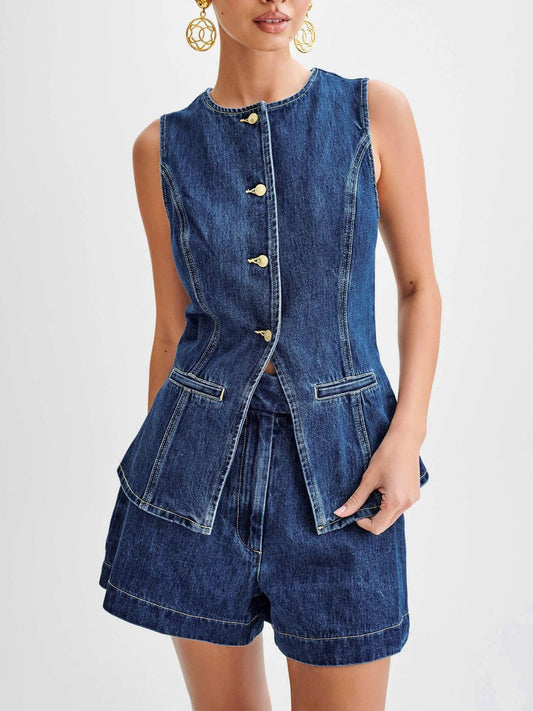 Casual Denim Vest & High-Waisted Shorts Set