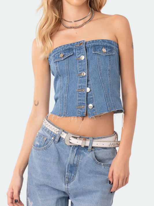 Women's Strapless Denim Button-Up Crop Top
