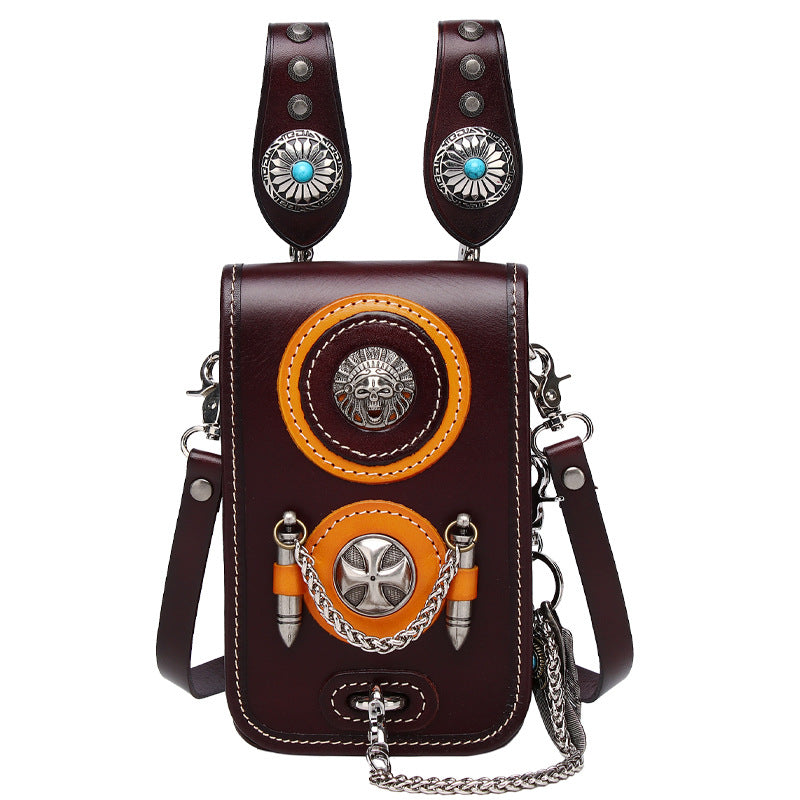 Men Leather Chest Bag with Western Bullet Chain Design