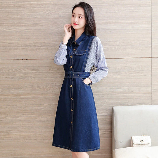 Belted Denim Midi Dress With Patchwork Sleeves