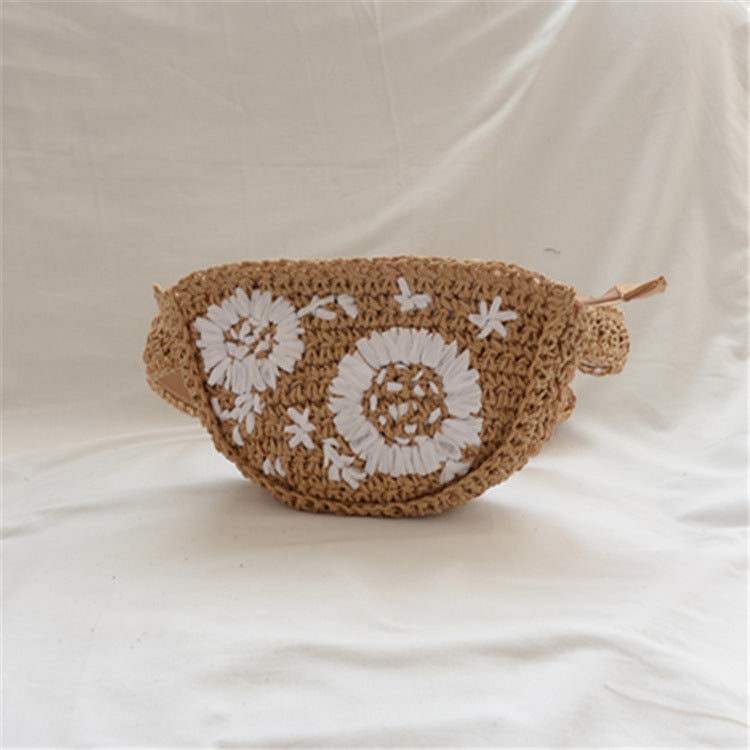 Floral stitched crochet straw bag