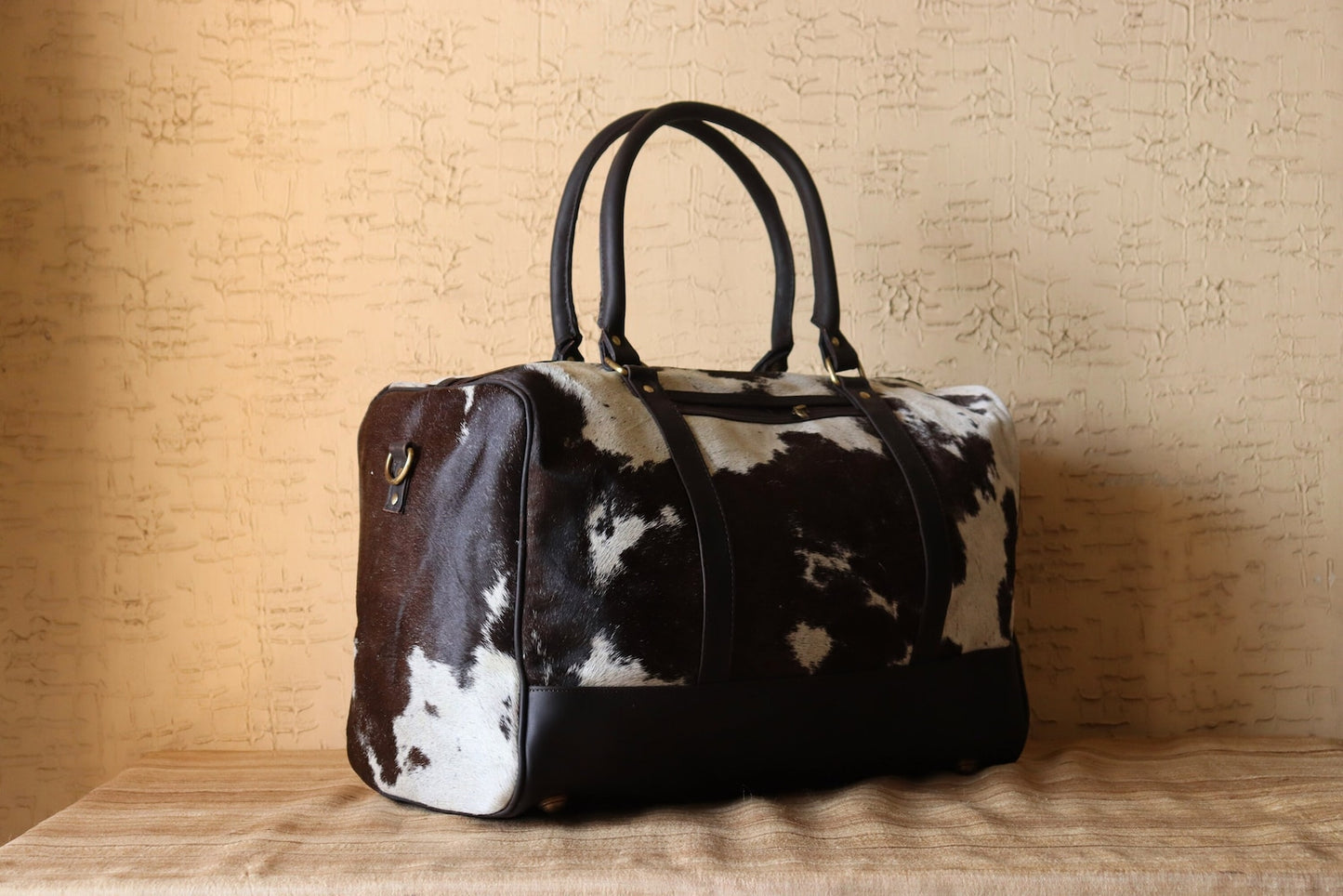 Overnight Cowhide Duffle Bag Black White