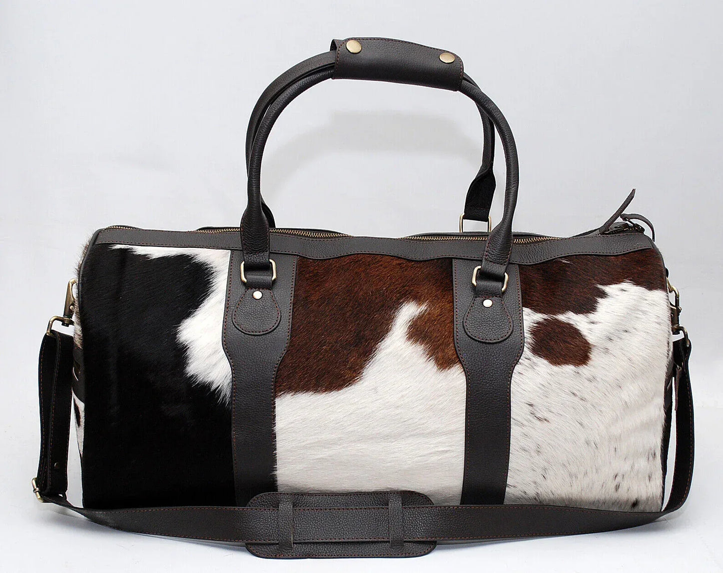 Cowhide Print Duffle Bag Black Brown White