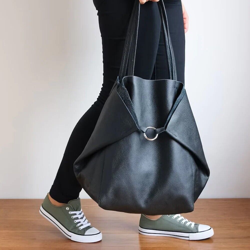 Large Real Leather Black Tote Bag