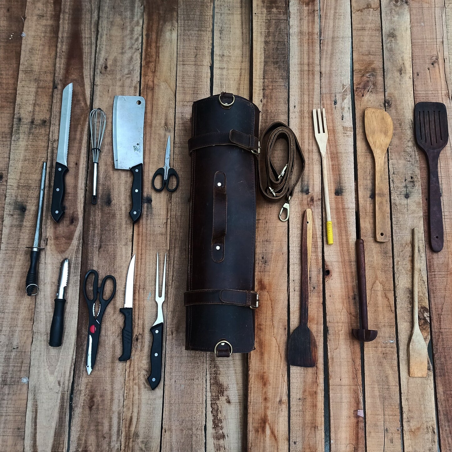 handmade leather knife roll bag storage