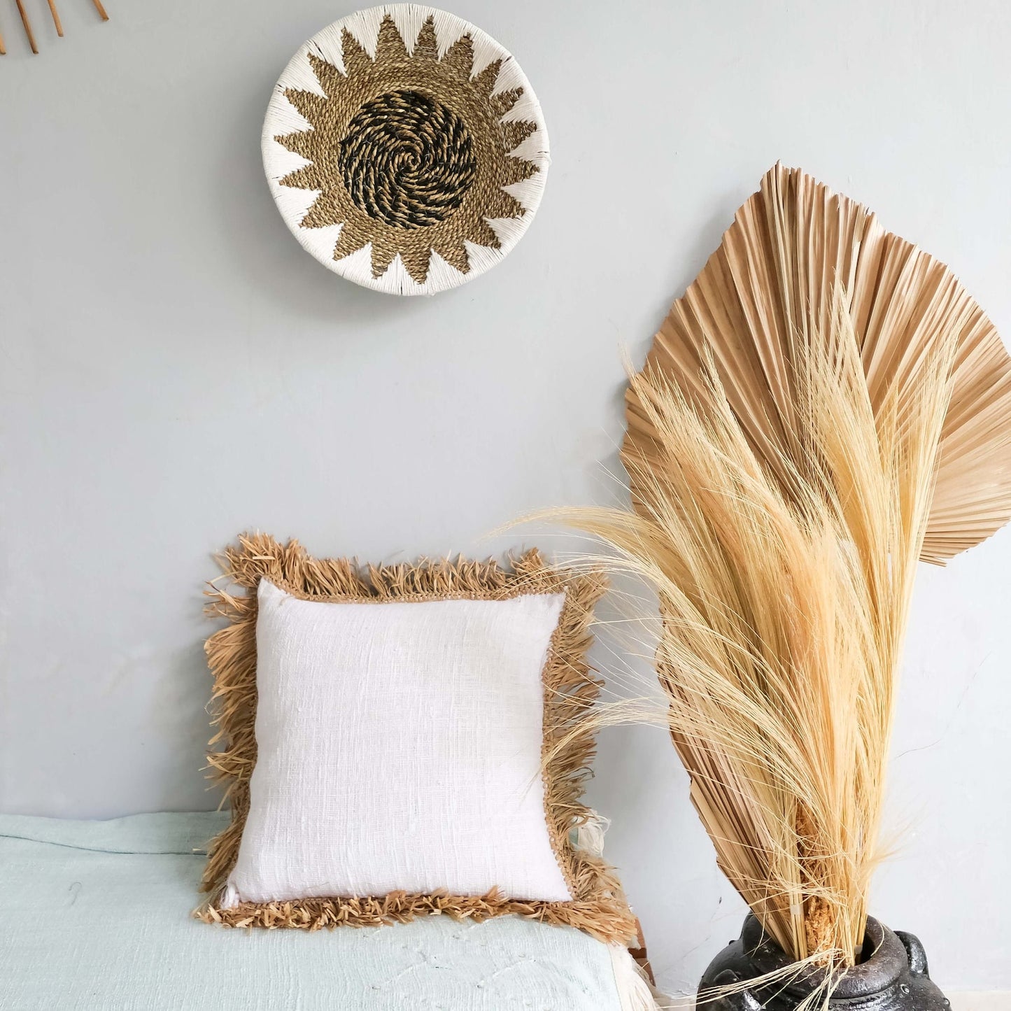 Organic white cotton fringed pillow cover