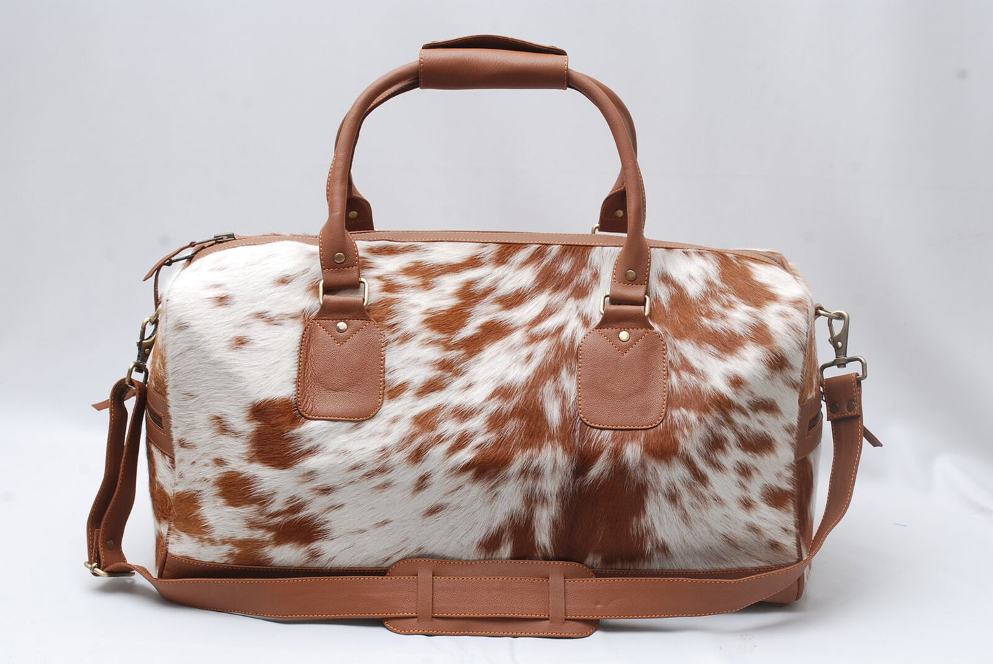 Brown White Cow Skin Overnight Duffle Bag