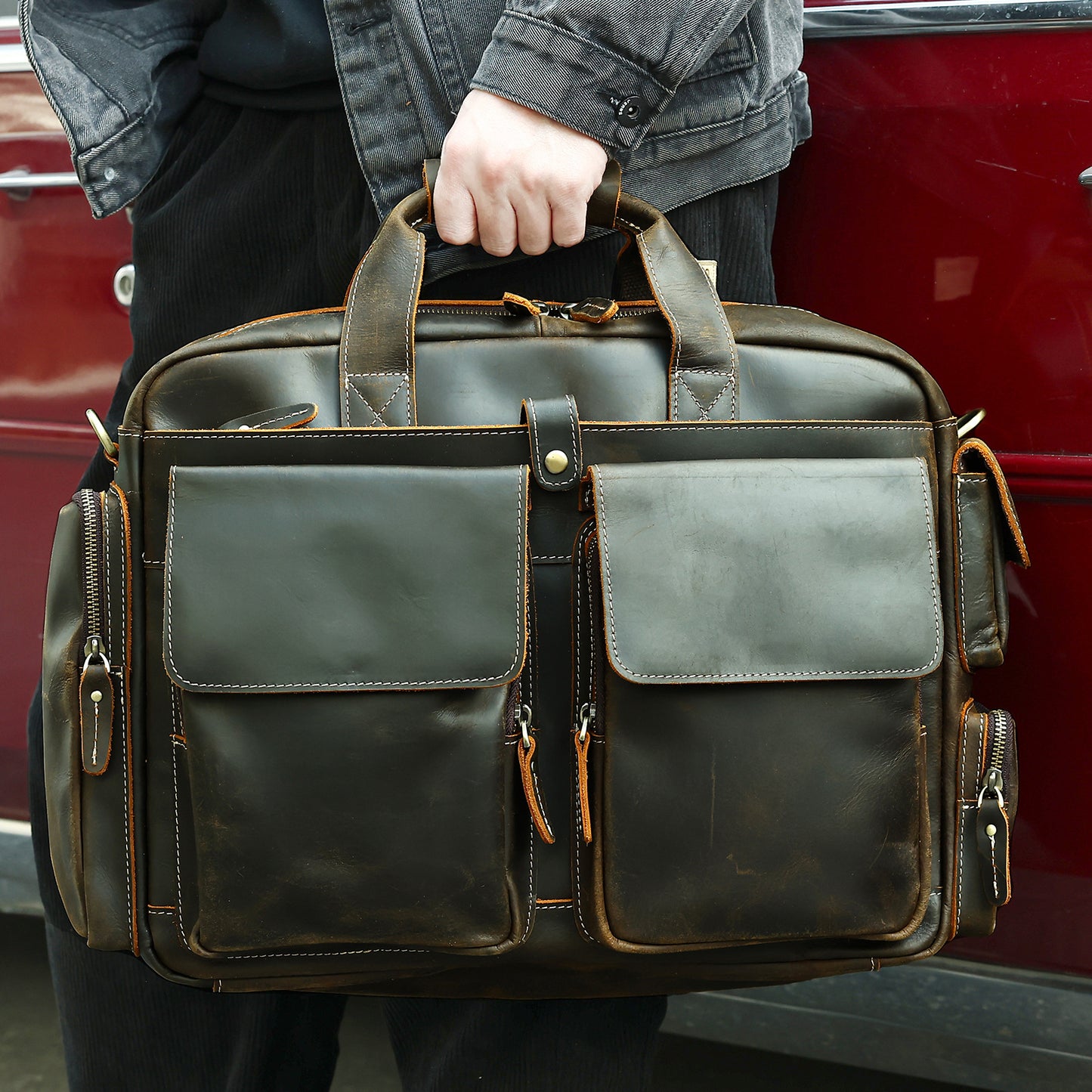 Genuine Leather Office Bag with Trolley Strap
