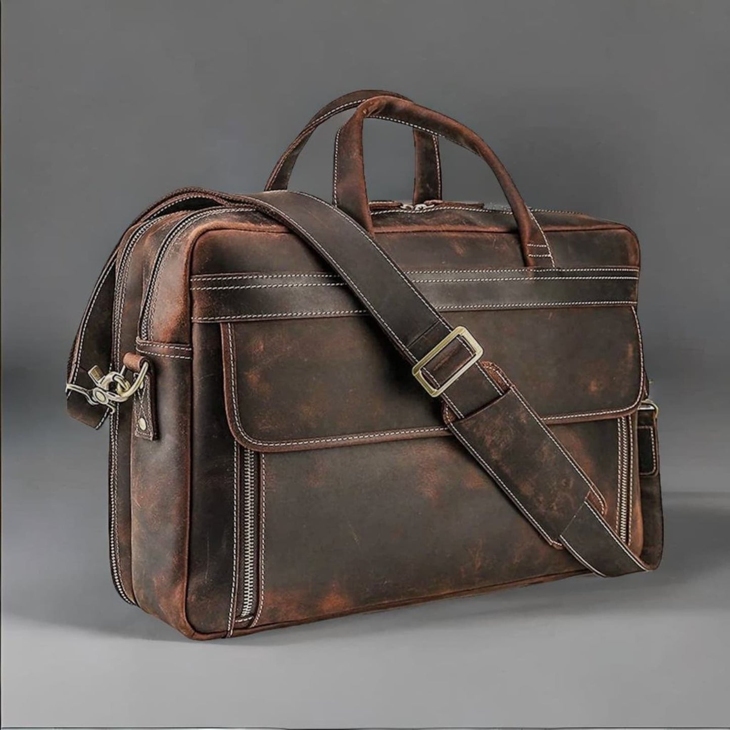 Distressed Cowhide Leather Briefcase Office Bag