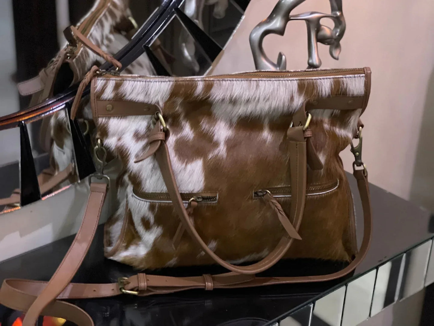 Real Natural Brown White Cowhide Shoulder Bag