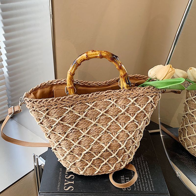 Woven Beach Summer Tote Bag with Bamboo Handles