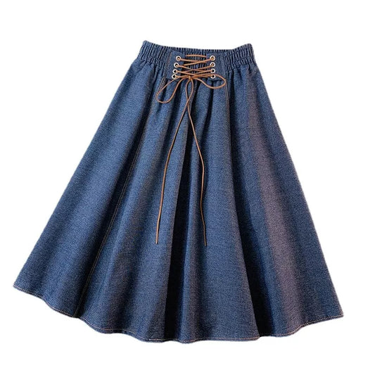 Retro Lace-Up Denim Skirt Women’s Midi A-Line Swing Style