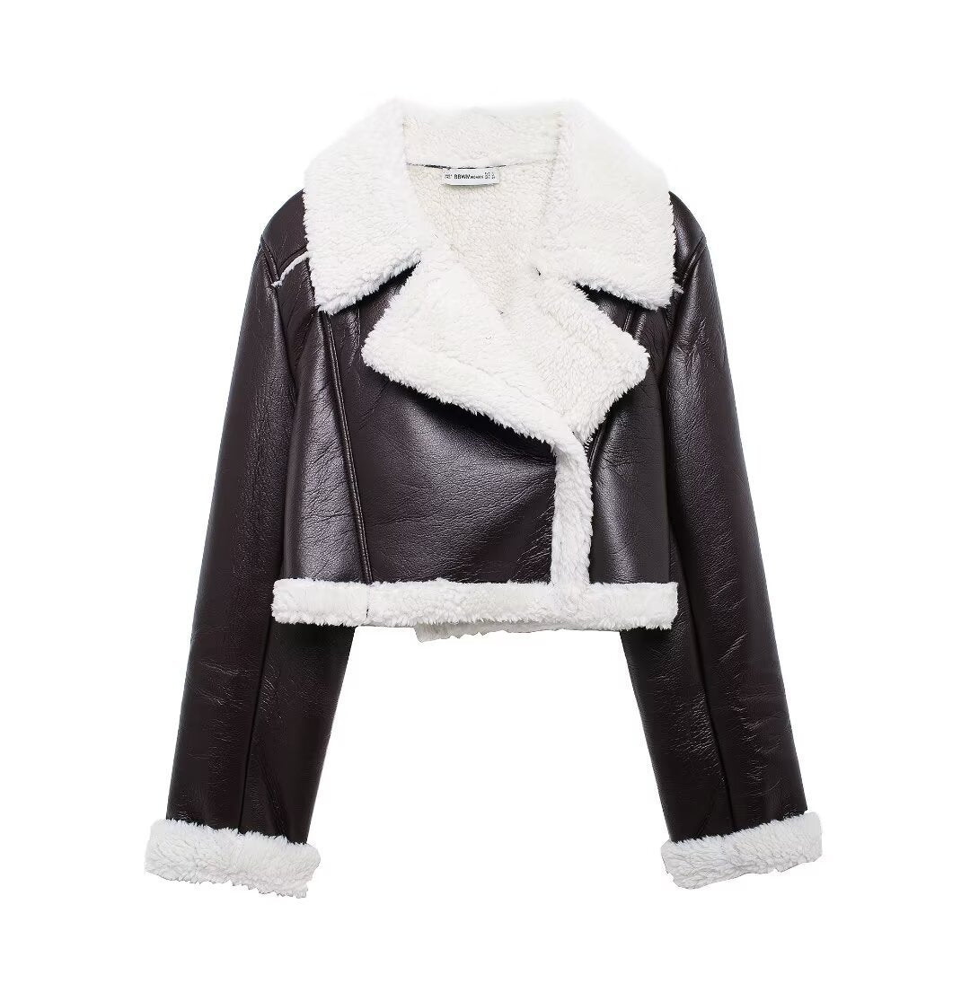 Cropped Faux Leather Bomber Jacket Women with Faux Fur Collar