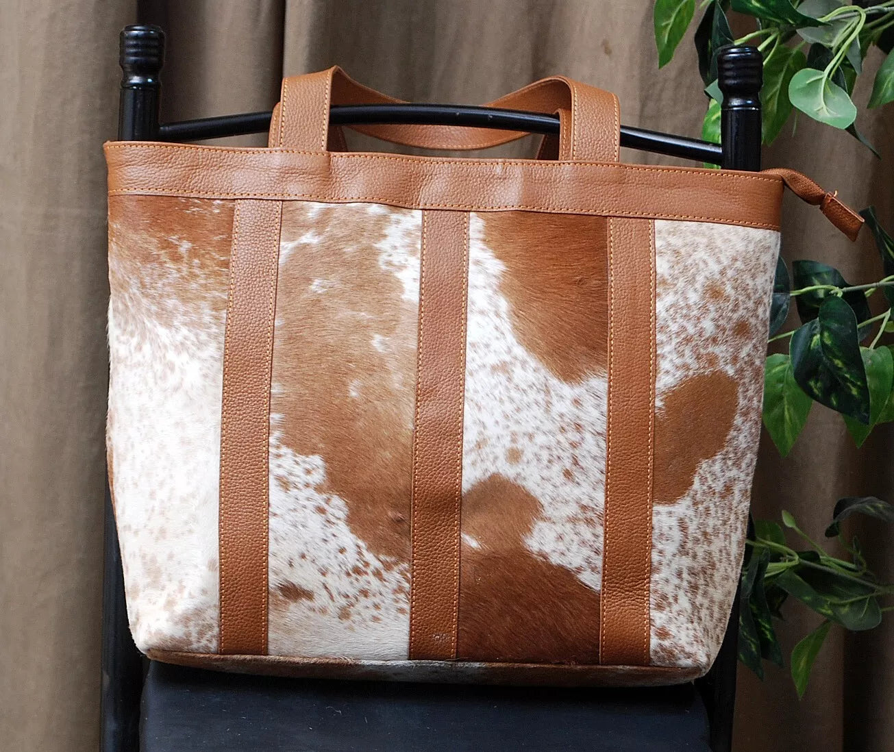 Large Cowhide Leather Brown White Bag